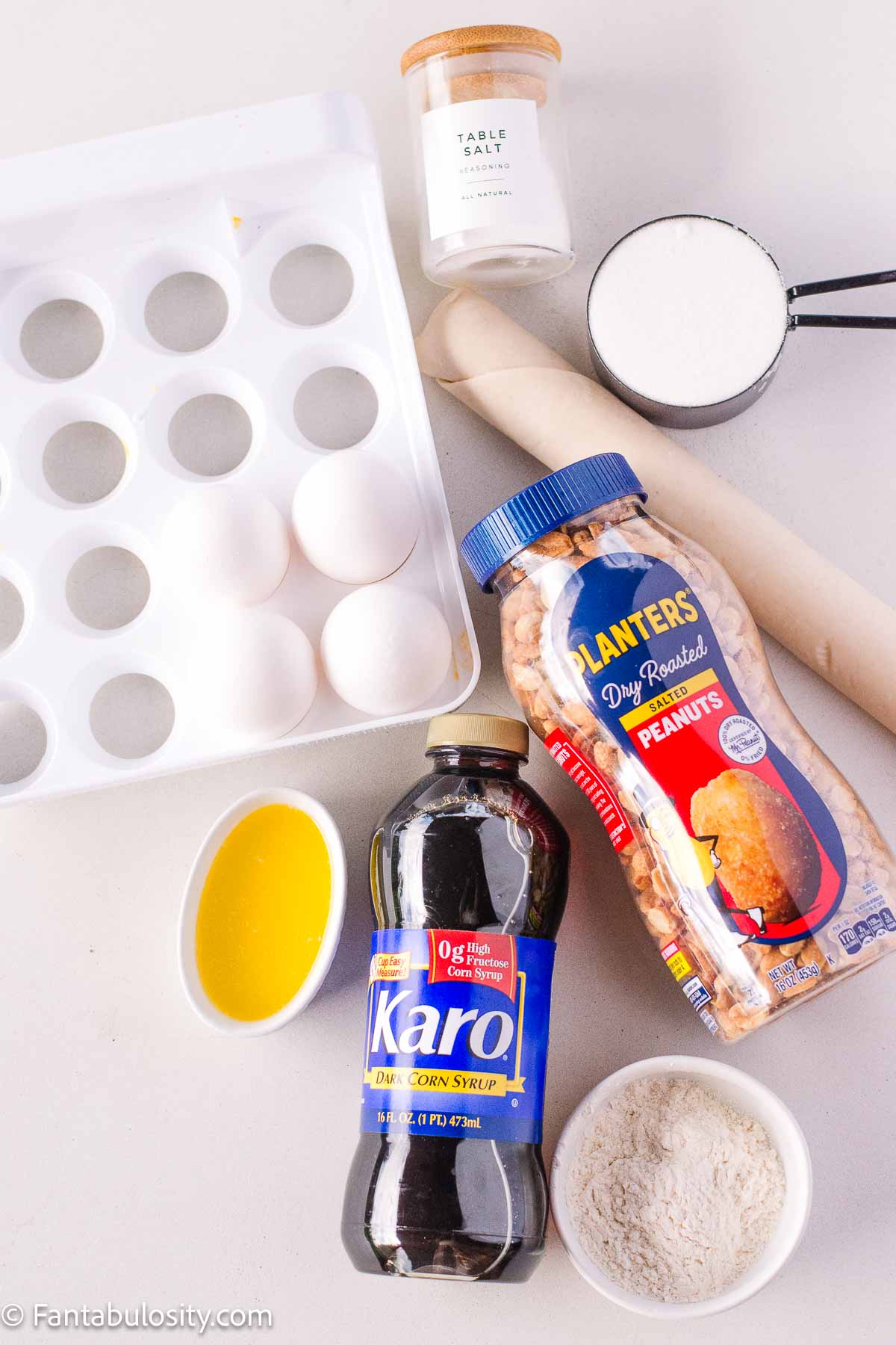 Ingredients to make peanut pie, sitting on kitchen table.