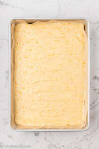 Cake batter poured in to 9x13 baking pan.
