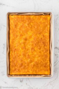 Baked pea pickin' cake in 9x13 baking dish.