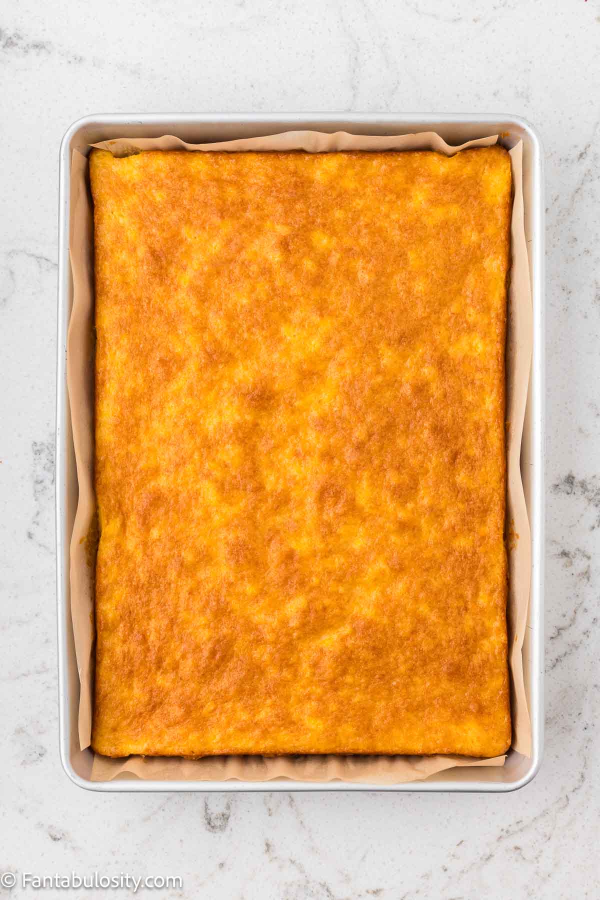 Baked pea pickin' cake in 9x13 baking dish.
