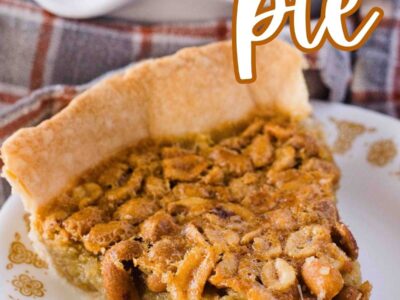 Slice of peanut pie on small plate.