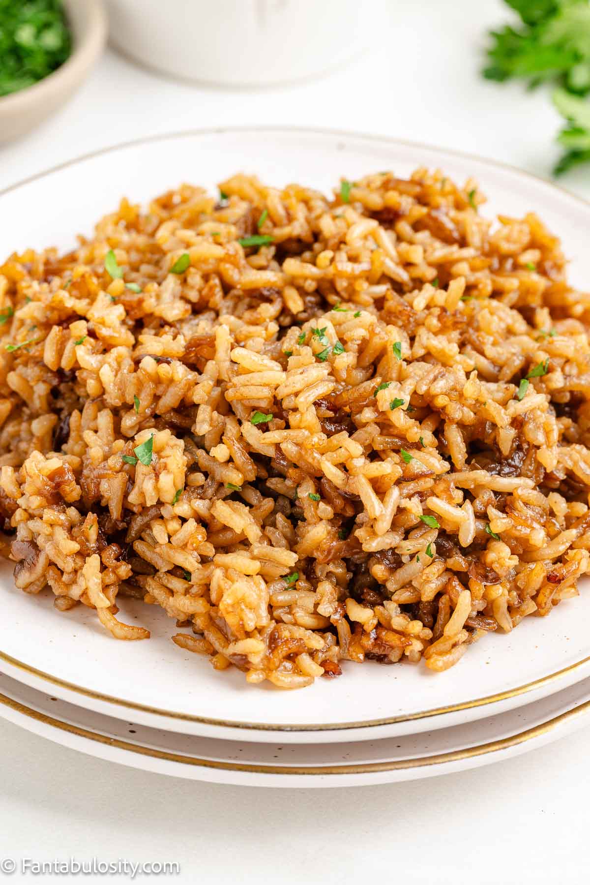 A serving of a stick of butter rice on plate.