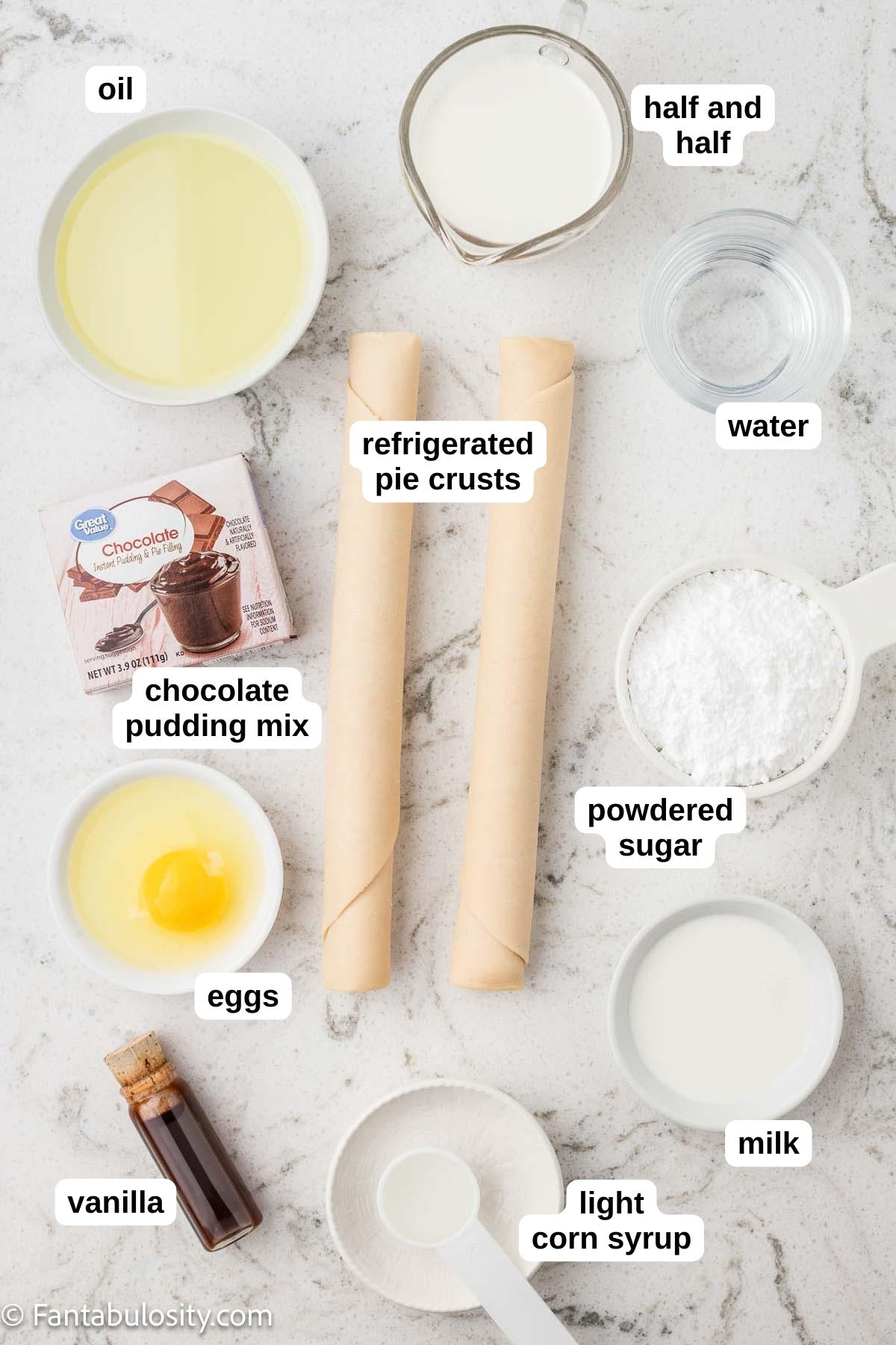 Ingredients labeled on counter for making fried chocolate pies.