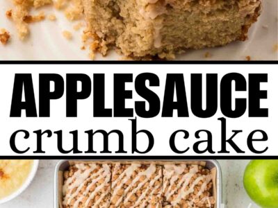Applesauce crumb cake piece, and then showing the cake in the baking pan.