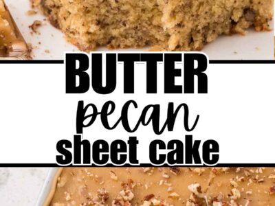 Slice of butter pecan sheet cake.