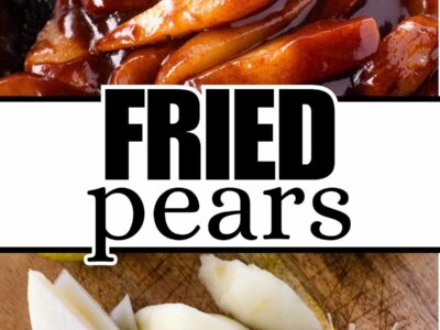 Fried pears cooked at the top and raw pear slices at the bottom of image.