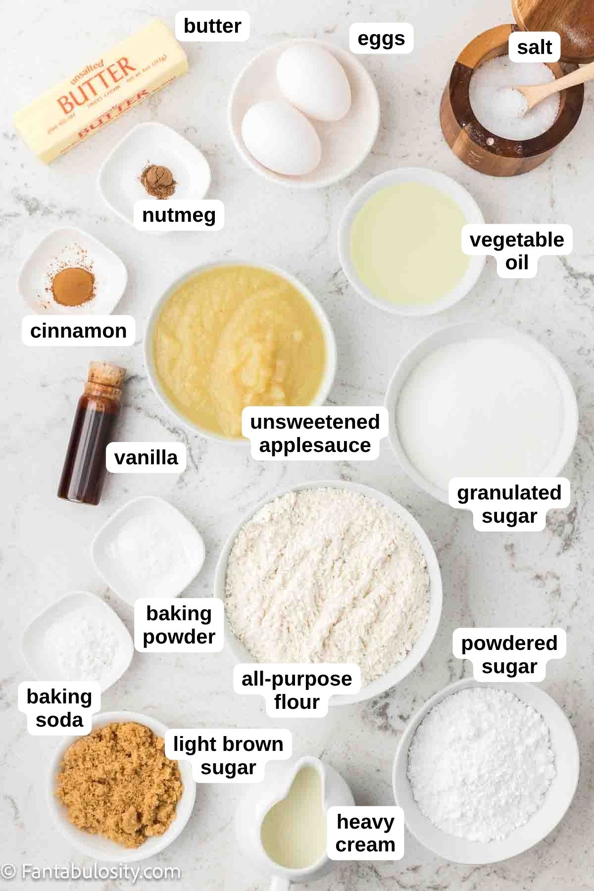 Labeled ingredients on counter to make applesauce crumb cake.