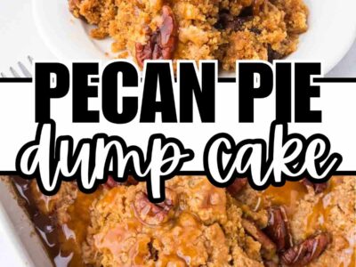 Serving of pecan pie dump cake on a plate, and the rest of the cake in a baking dish.