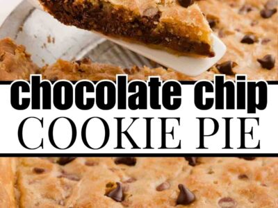 A slice of chocolate chip cookie pie being held above pie.