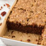German Chocolate Sheet Cake in baking dish.