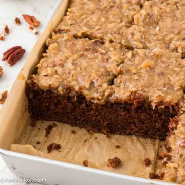German Chocolate Sheet Cake in baking dish.