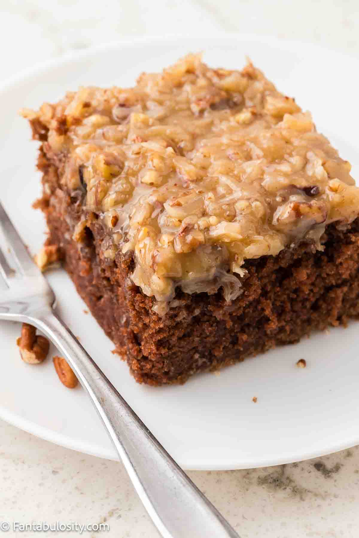 A slice of German chocolate cake on a plate, next to a fork.