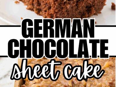 A slice of German chocolate sheet cake and a cake missing a couple of pieces out of the pan.