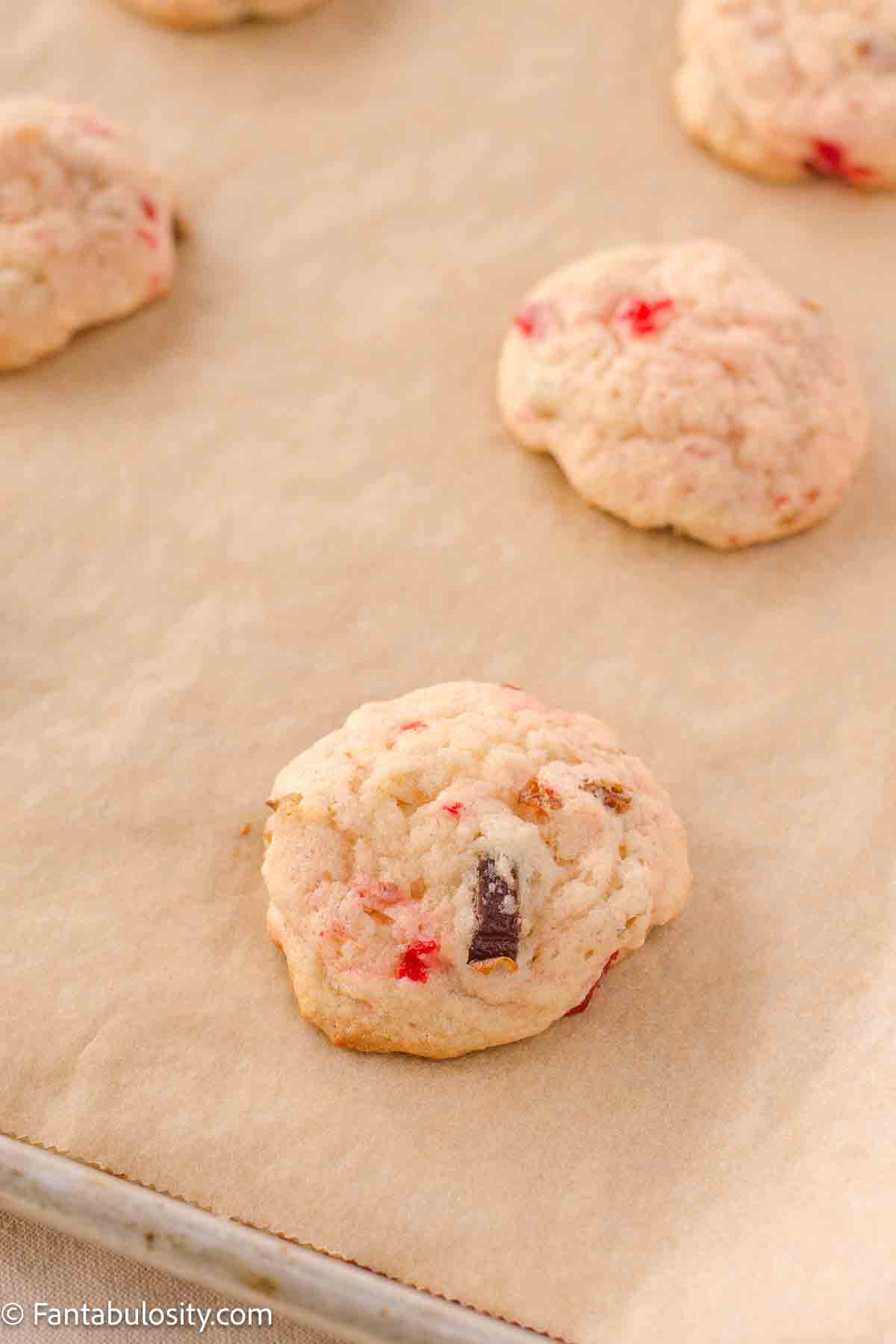 Baked Grandma's Christmas cookies on baking sheet.