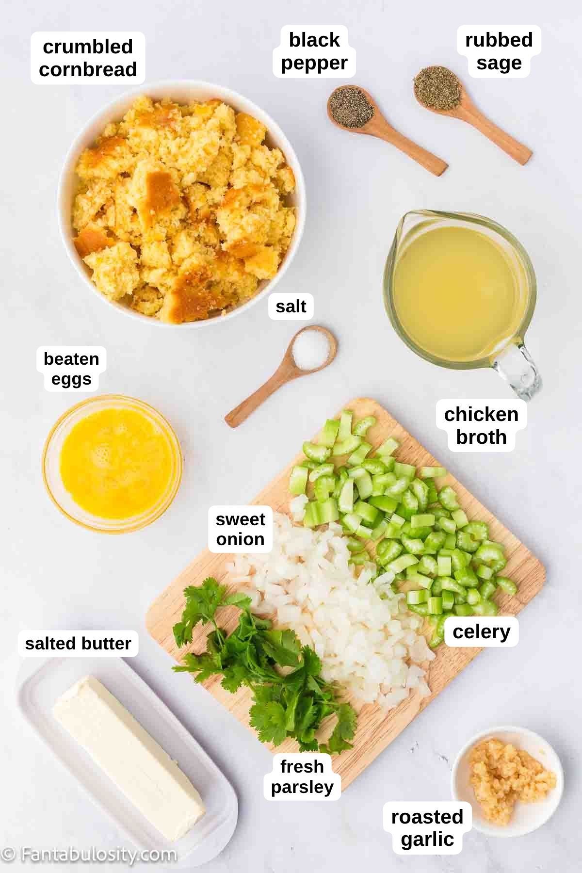 Labeled ingredients on table to make old-fashioned cornbread dressing.
