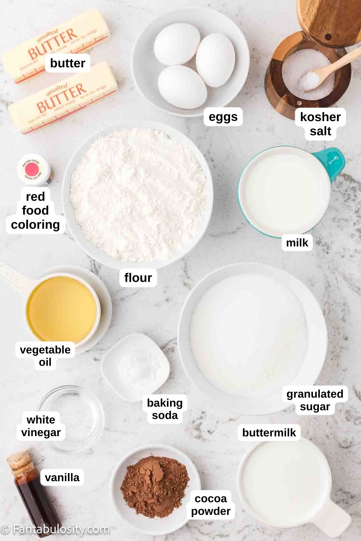 Labeled ingredients on counter to make red velvet sheet cake and ermine frosting.