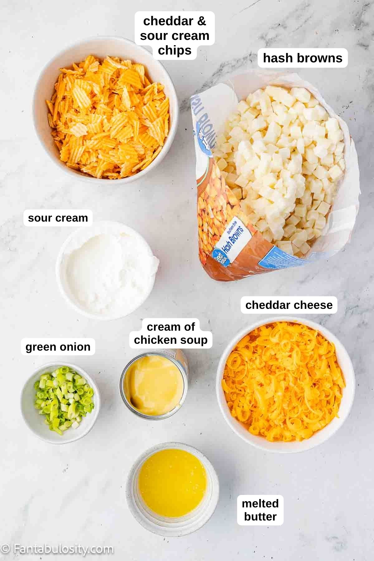 Labeled ingredients for party potatoes.