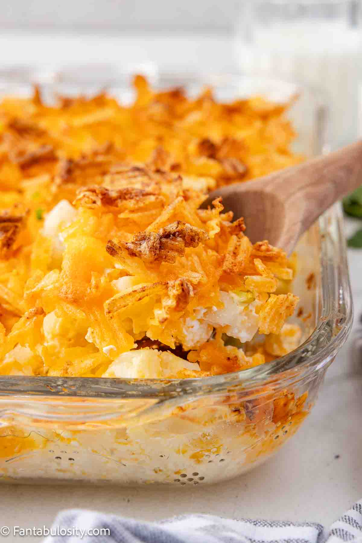 9x13 baking dish with party potatoes baked inside.