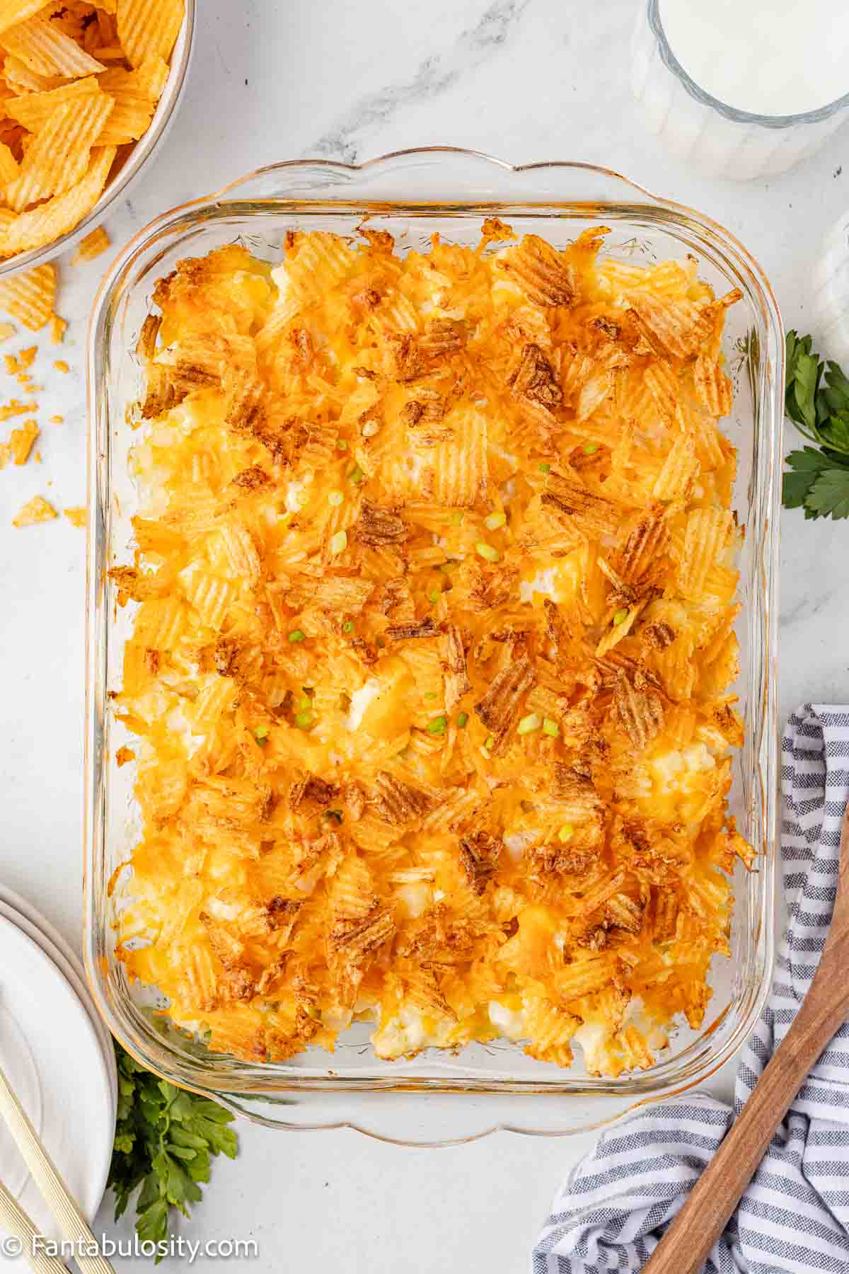 Baked party potatoes in baking dish.