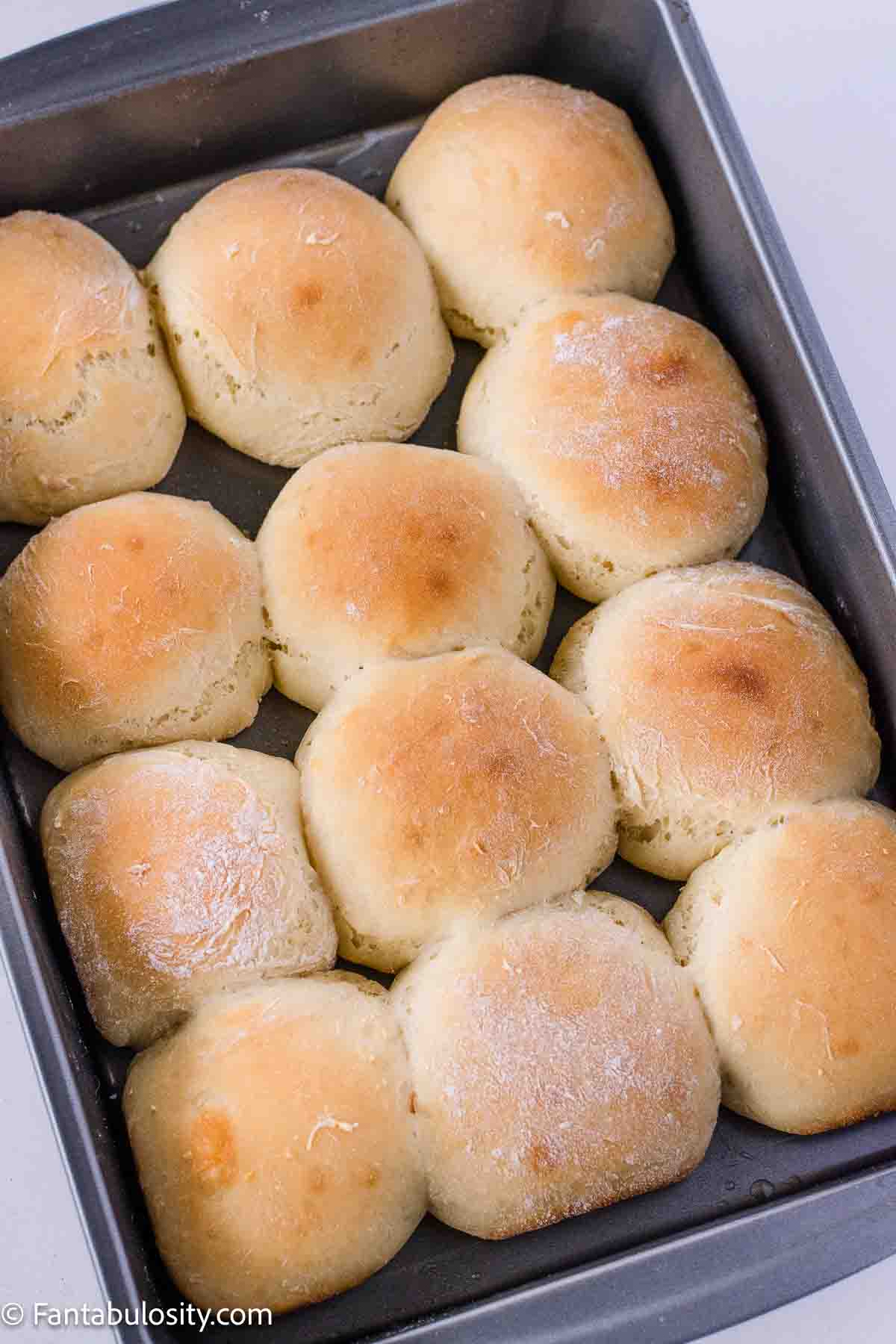Baked yeast rolls in aluminum baking pan.