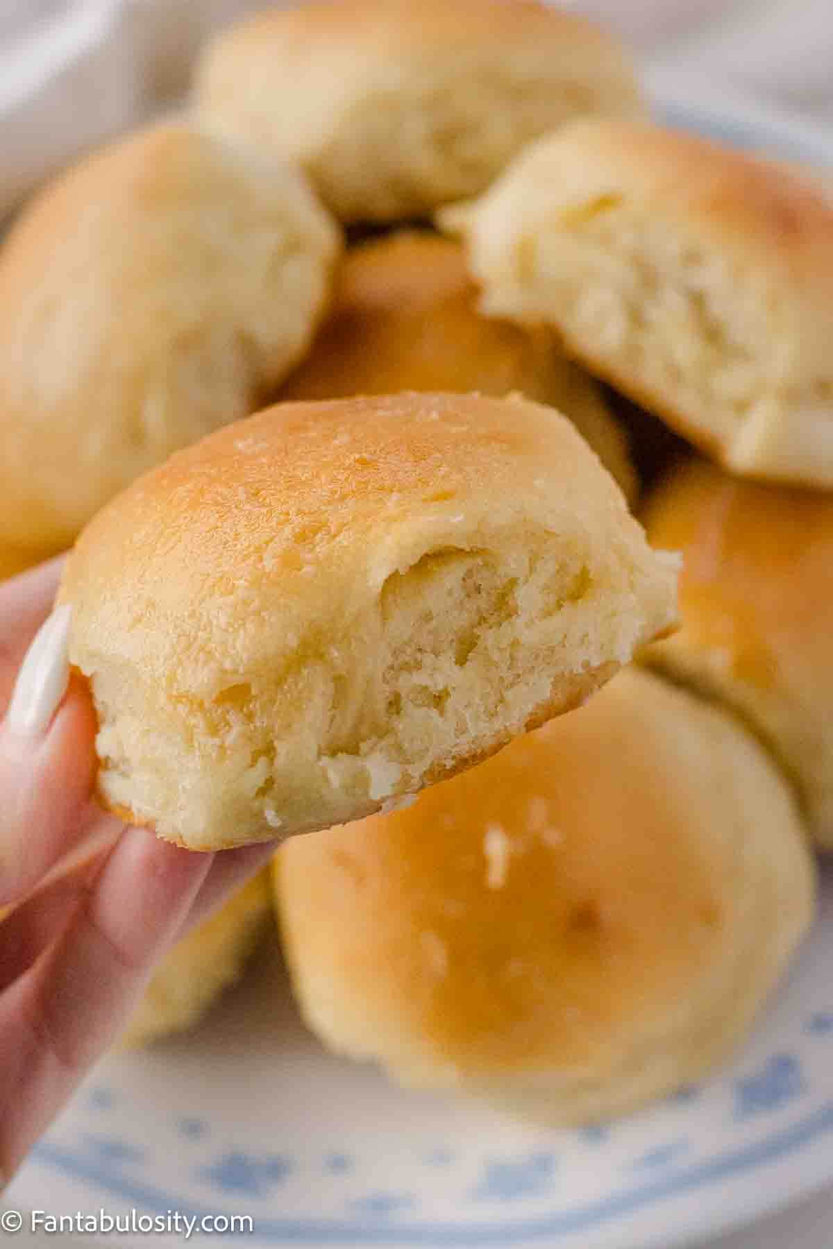 Hand holding yeast roll.