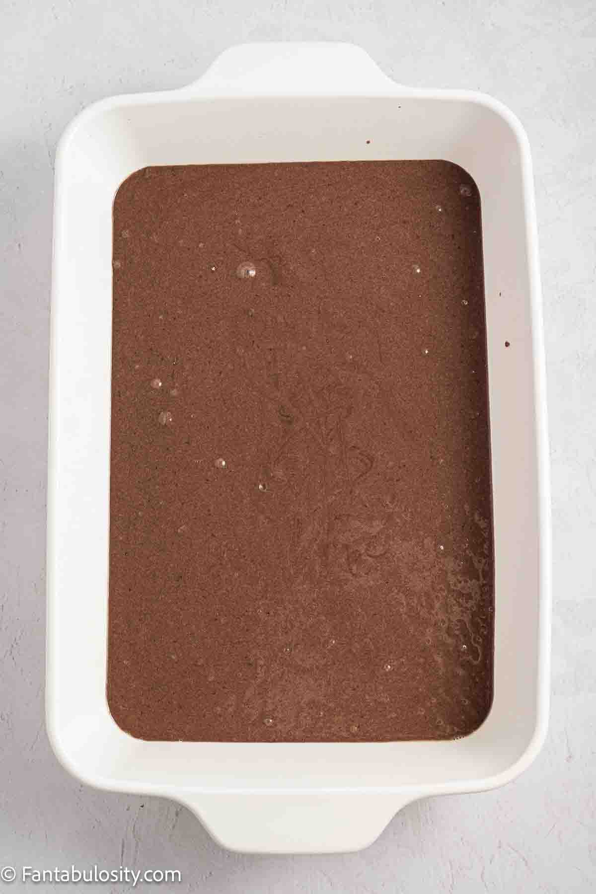 Cake batter in baking pan.