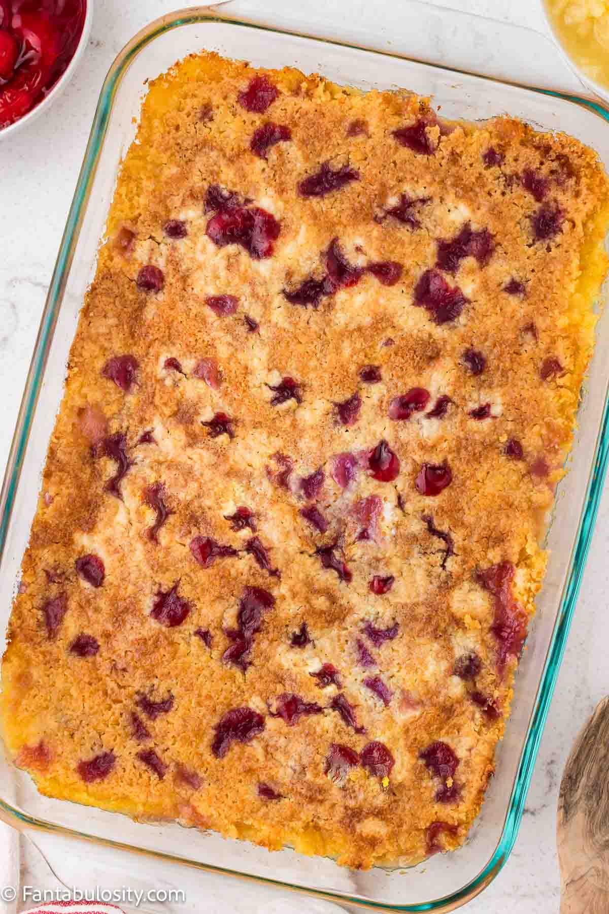 Baked cherry pineapple dump cake.