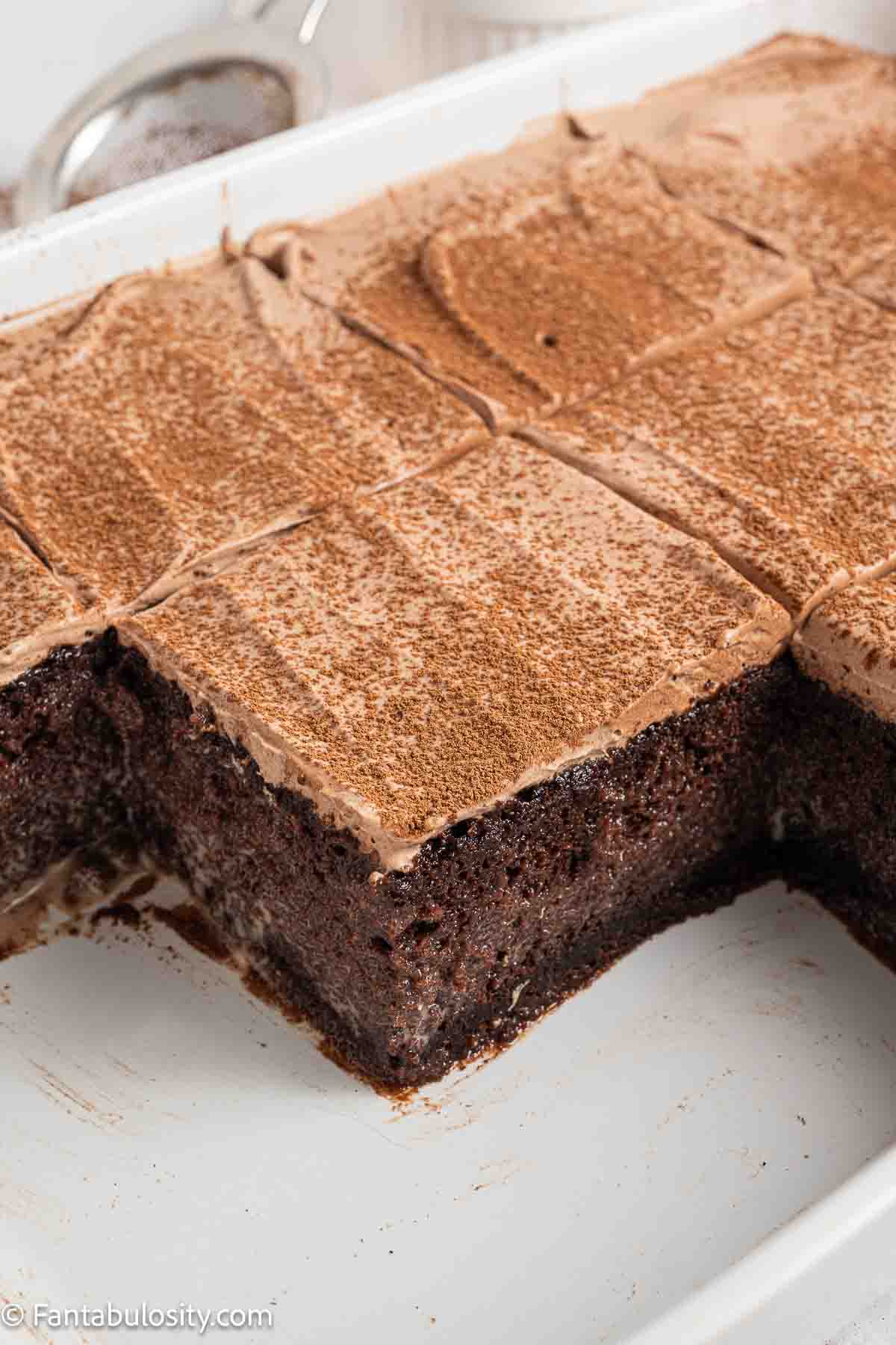 Chocolate Tres Leches cake in 9x13 baking pan.