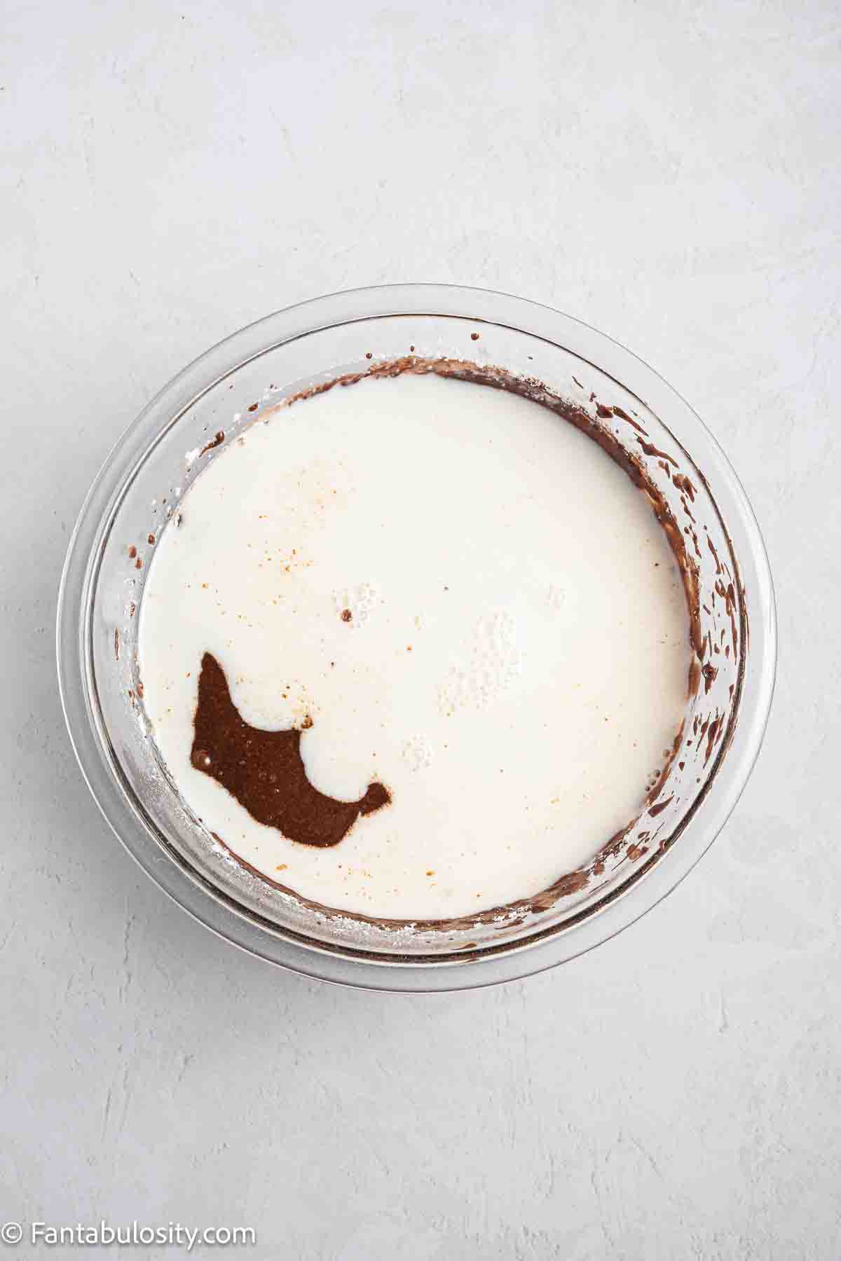 Buttermilk added to dry mixture and chocolate mixture.