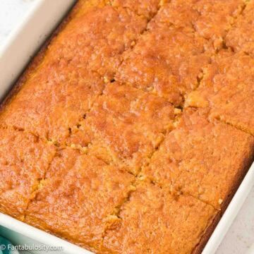 Crack cake sheet cake, sliced in pan.