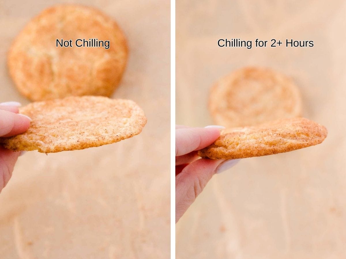 Two photos, showing a thin snickerdoodle and a puffier snickerdoodle, due to chilling. 