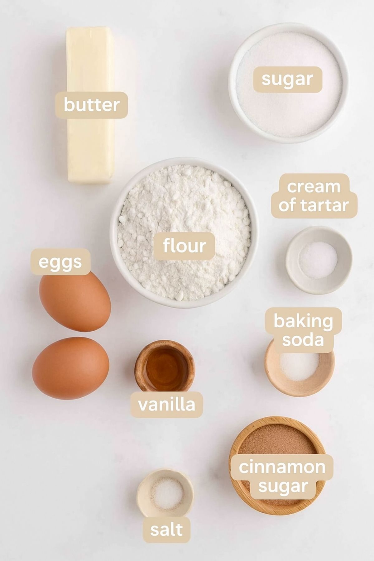 Labeled ingredients for how to make snickerdoodle cookies.