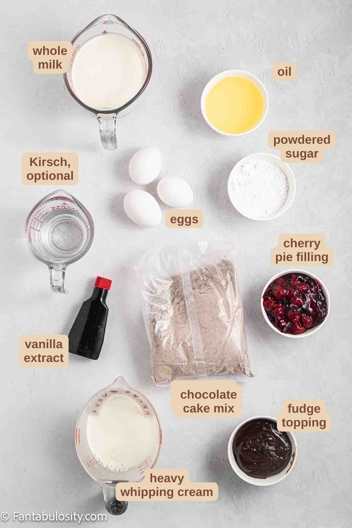 Labeled ingredients for black forest poke cake.