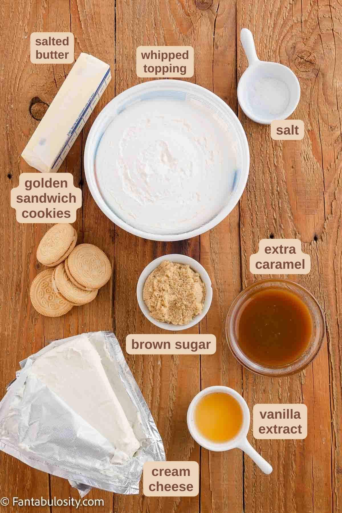 Labeled ingredients for making caramel cream pie.
