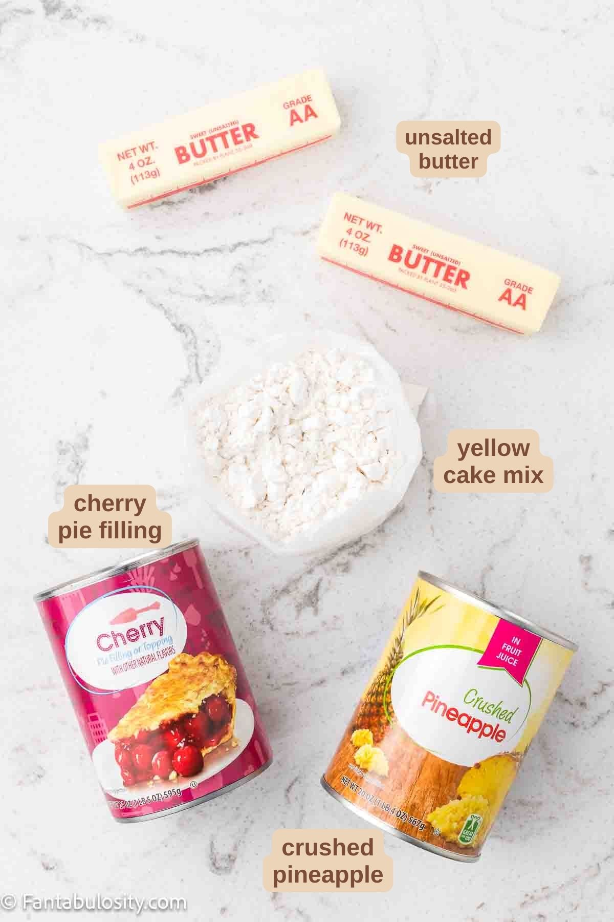 ingredients for cherry pineapple dump cake. 