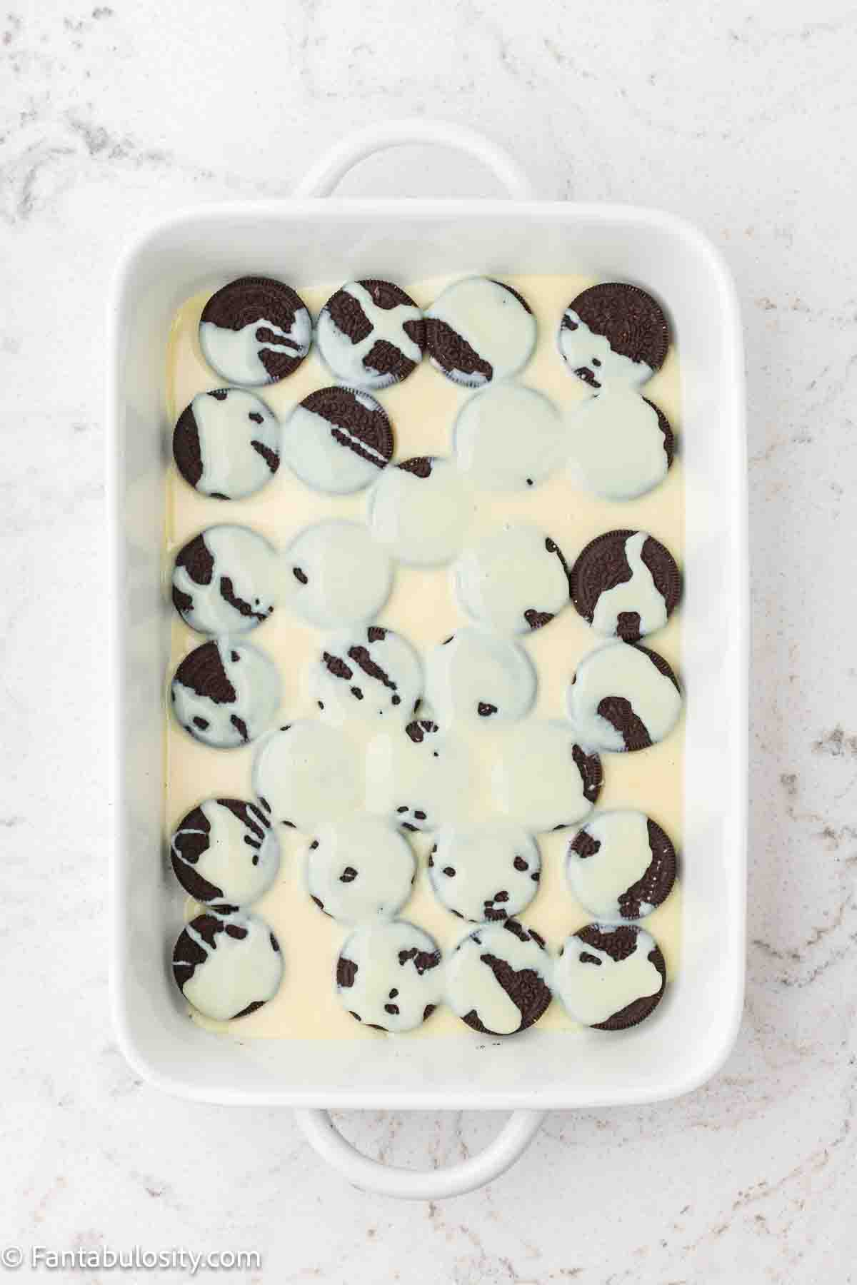 Oreos, sweetened condensed milk poured on the top, in 9x13 baking dish.