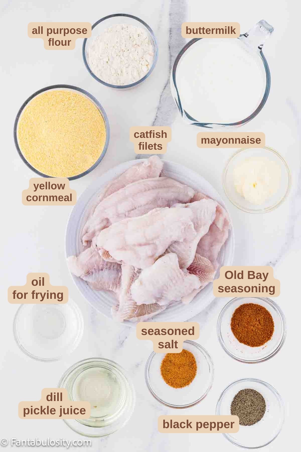 Labeled ingredients for how to make the best fried catfish recipe.