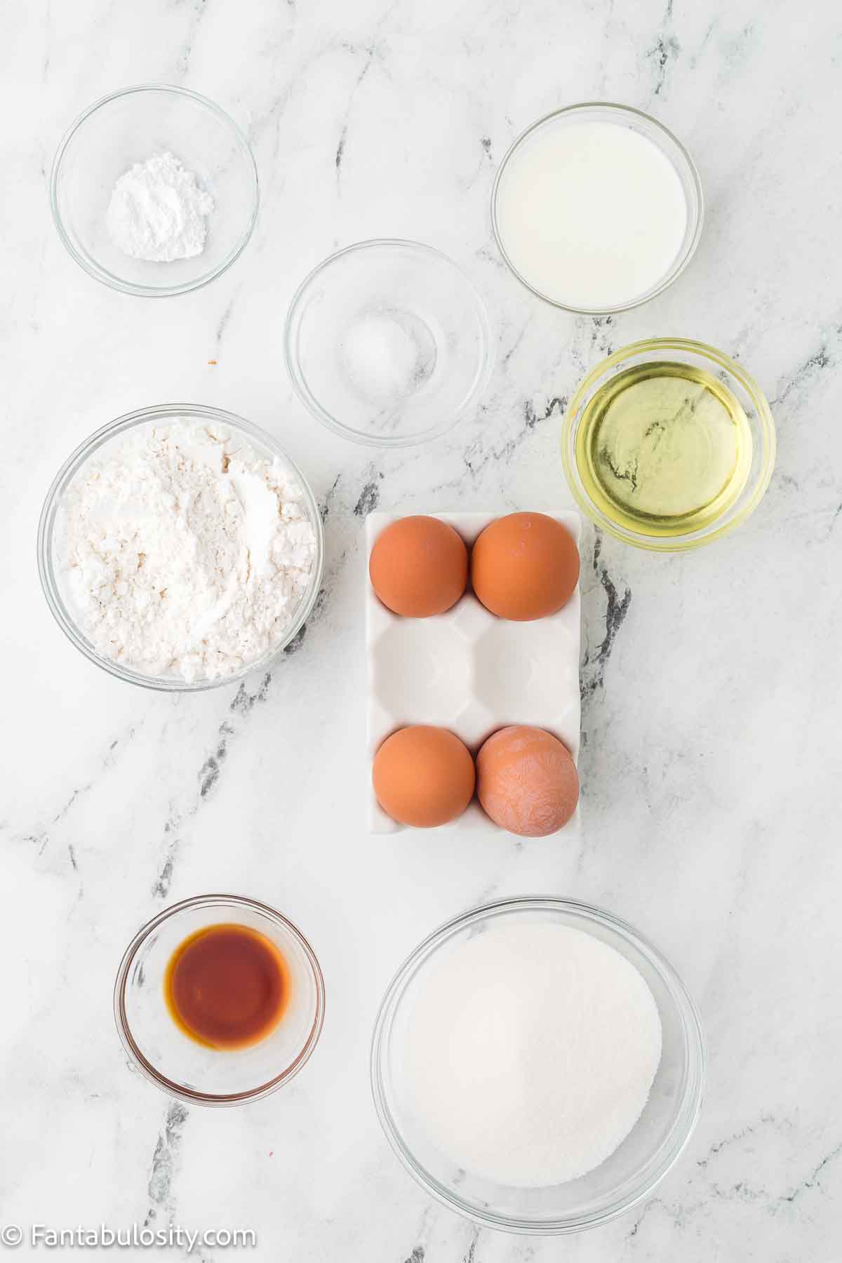 Ingredients to make cloud cake, sitting on counter.
