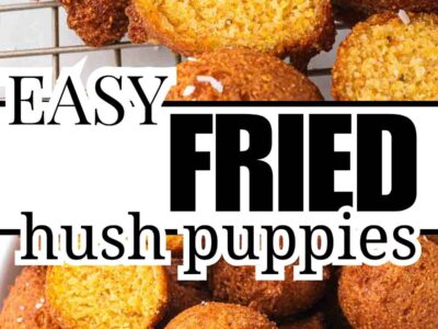 Fried hush puppies stacked up with one split open to see the inside cooked batter.