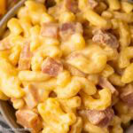 Mac and Cheese with Ham in bowl.