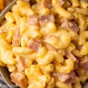 Mac and Cheese with Ham in bowl.