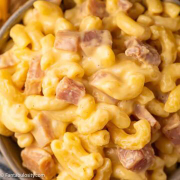 Mac and Cheese with Ham in bowl.