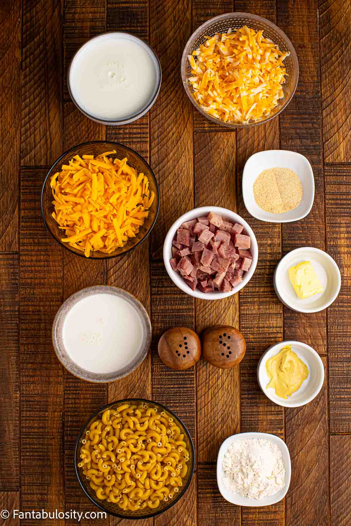 Ingredients for making ham mac and cheese, sitting on kitchen counter.