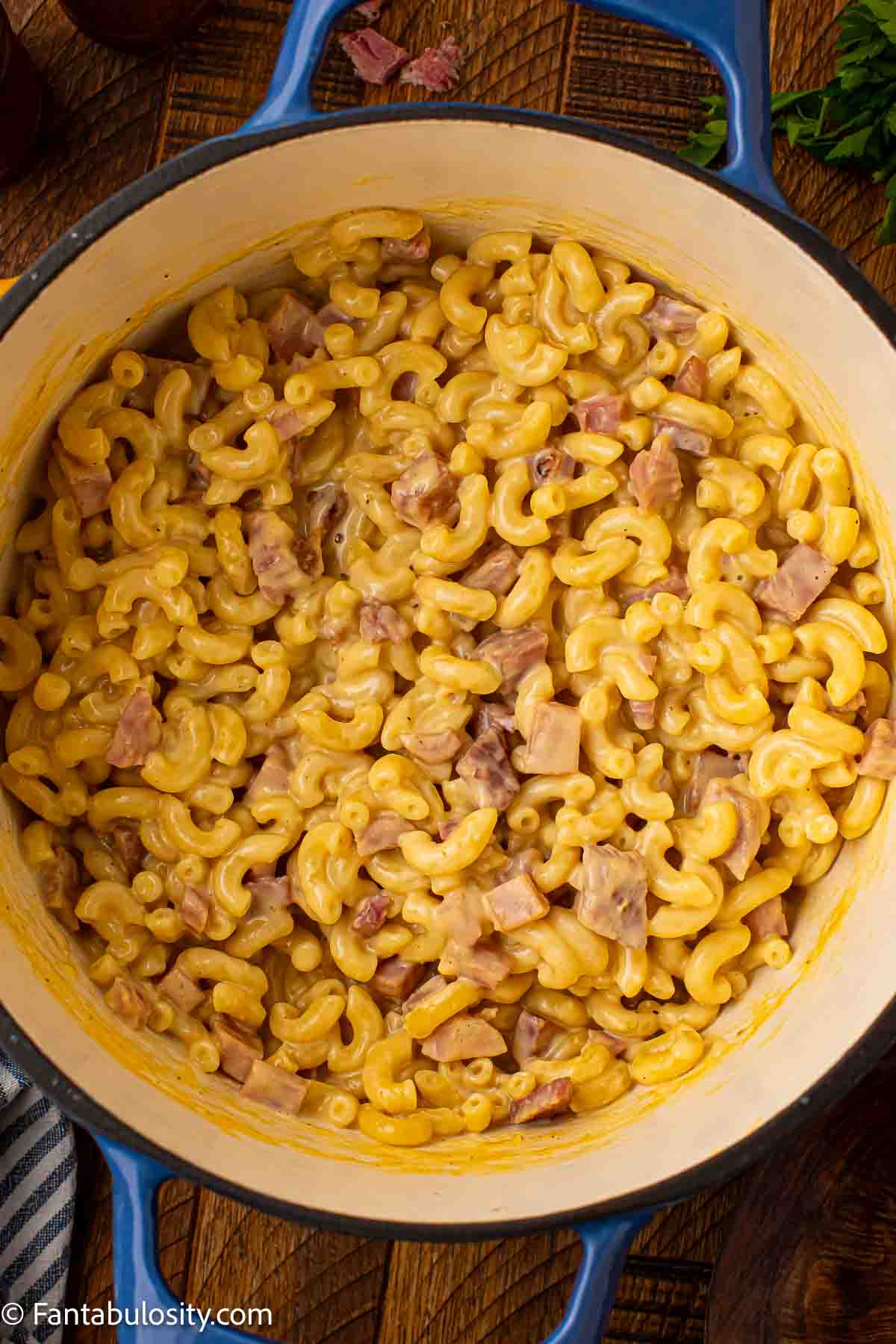 Ham mac and cheese in dutch oven.