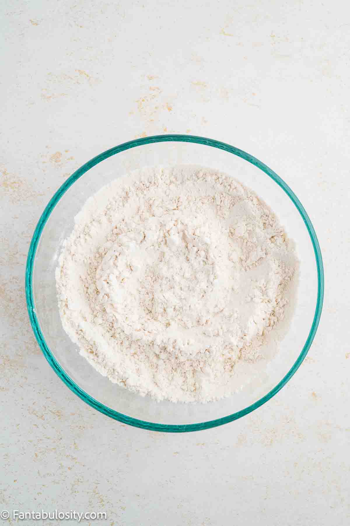 Flour, baking soda, and salt in mixing bowl.