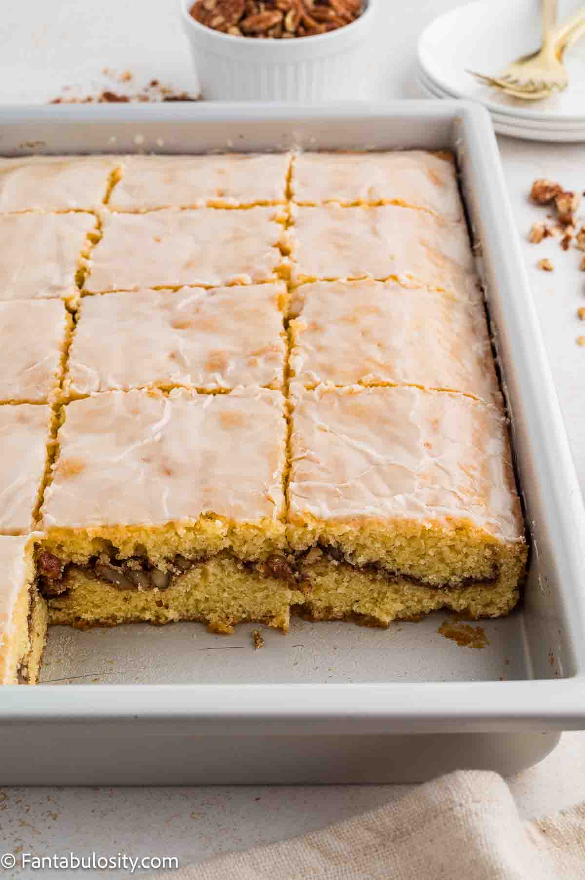 Sock-it-to-Me cake in a 9x113 baking pan showing the middle layer.
