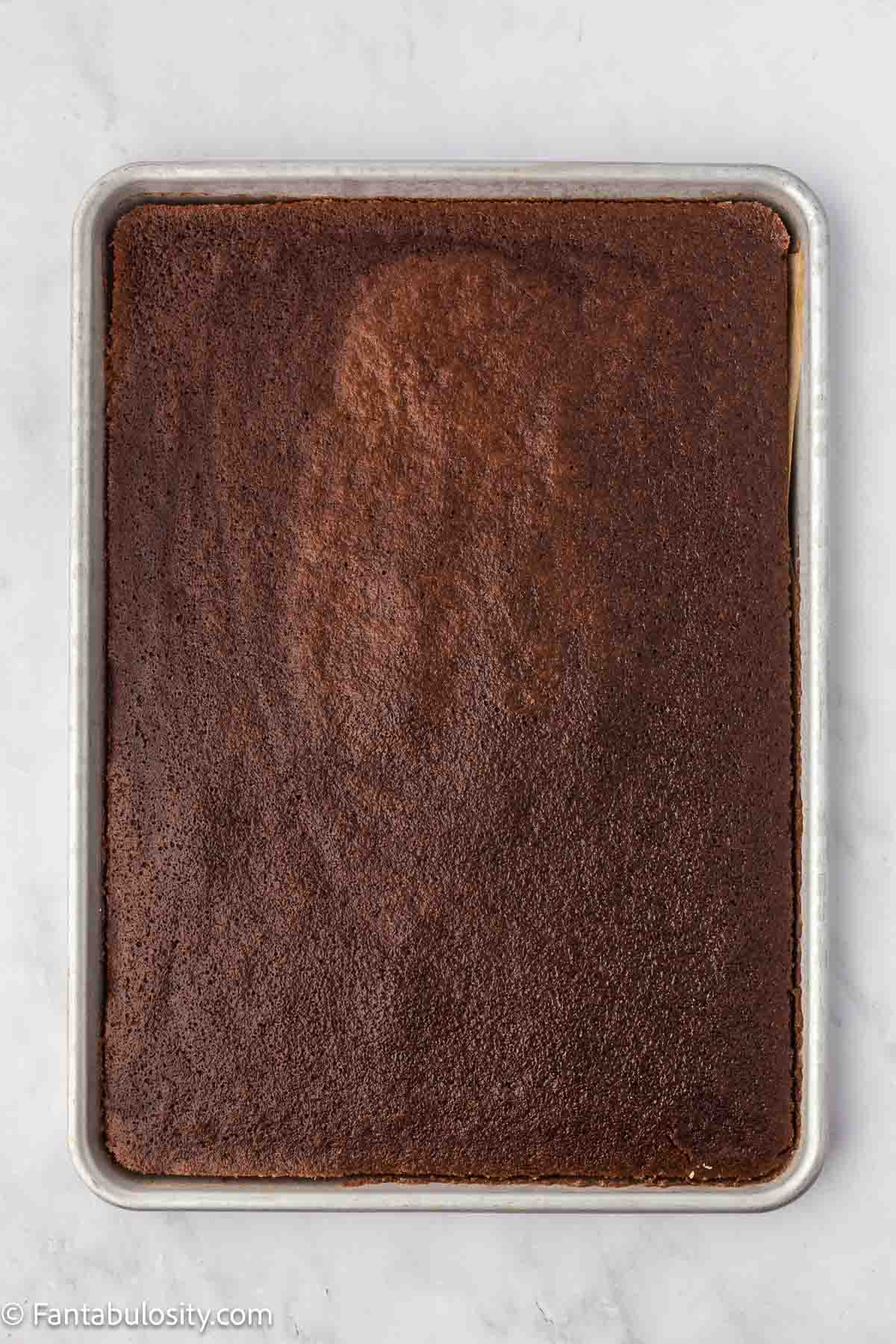 Baked Texas sheet cake in pan.