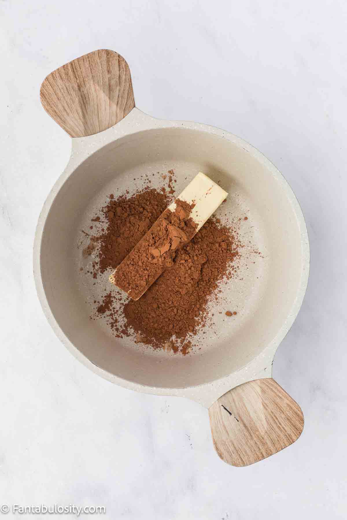 Texas Sheet Cake frosting ingredients in sauce pan.