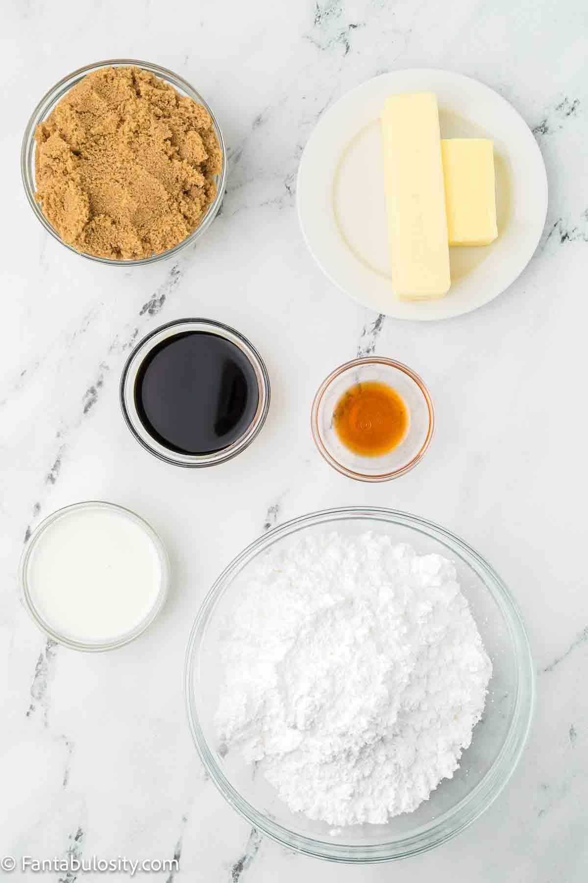 Burnt sugar cake frosting ingredients sitting on kitchen counter.