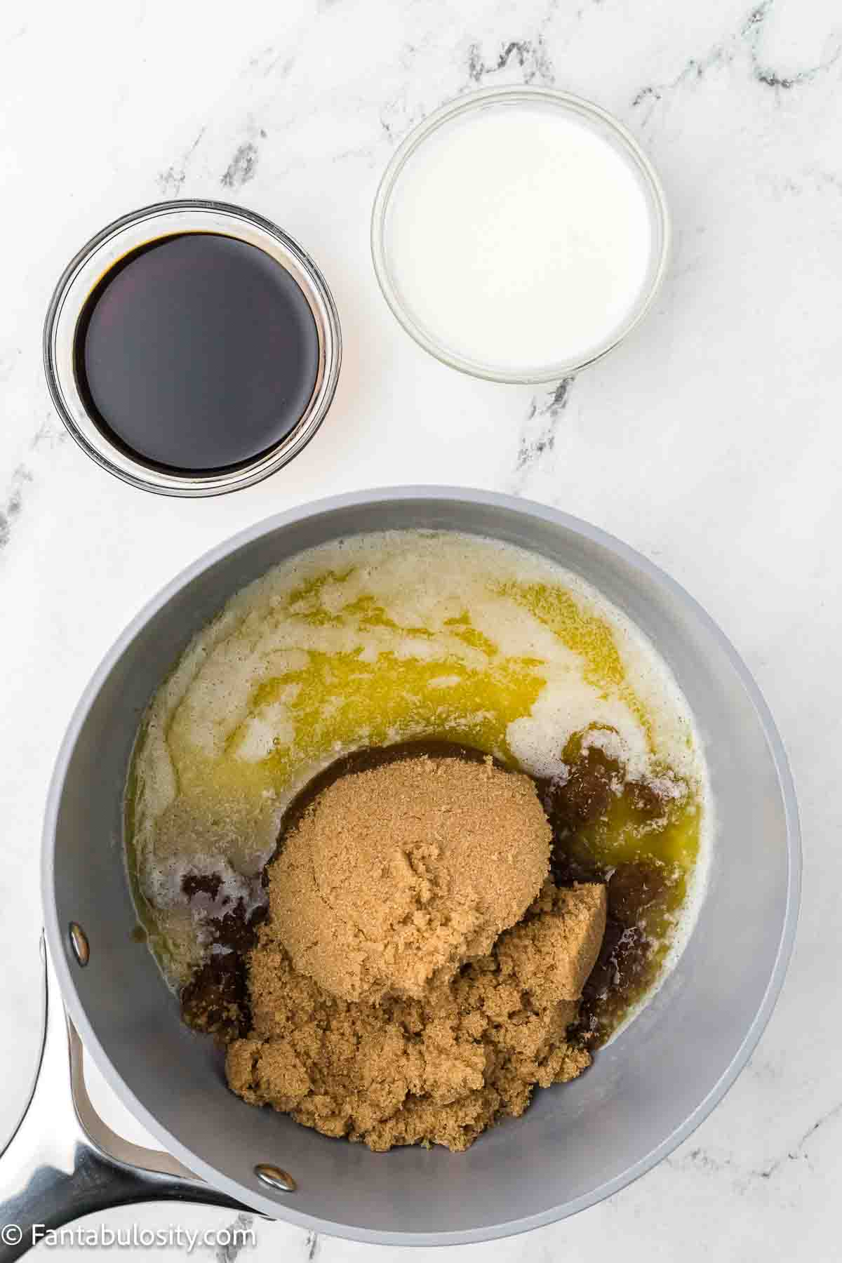 Brown sugar added to melted butter.